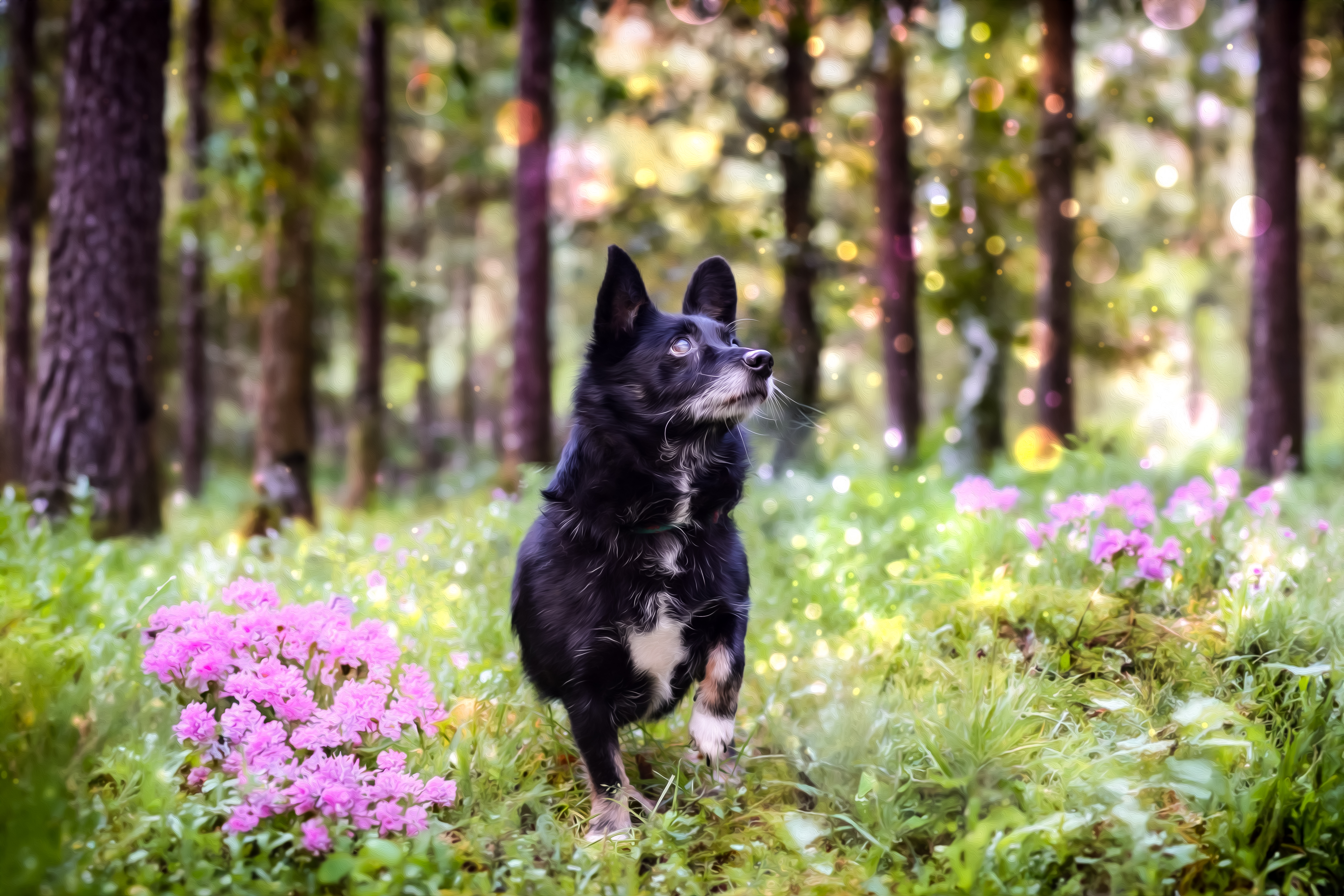 Mały piesek spogląda w górę.