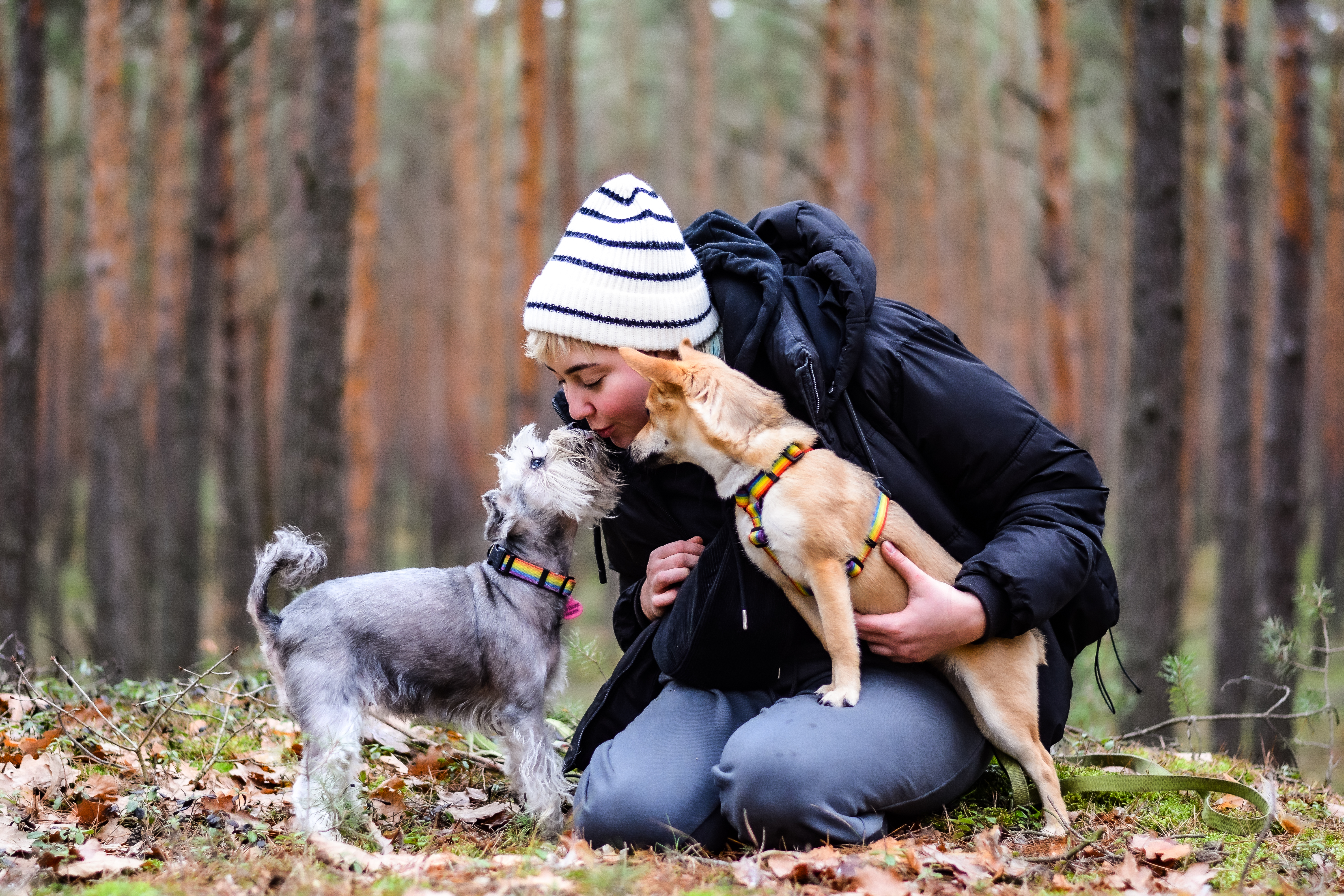 Kobieta klęcząc całuje małego pieska